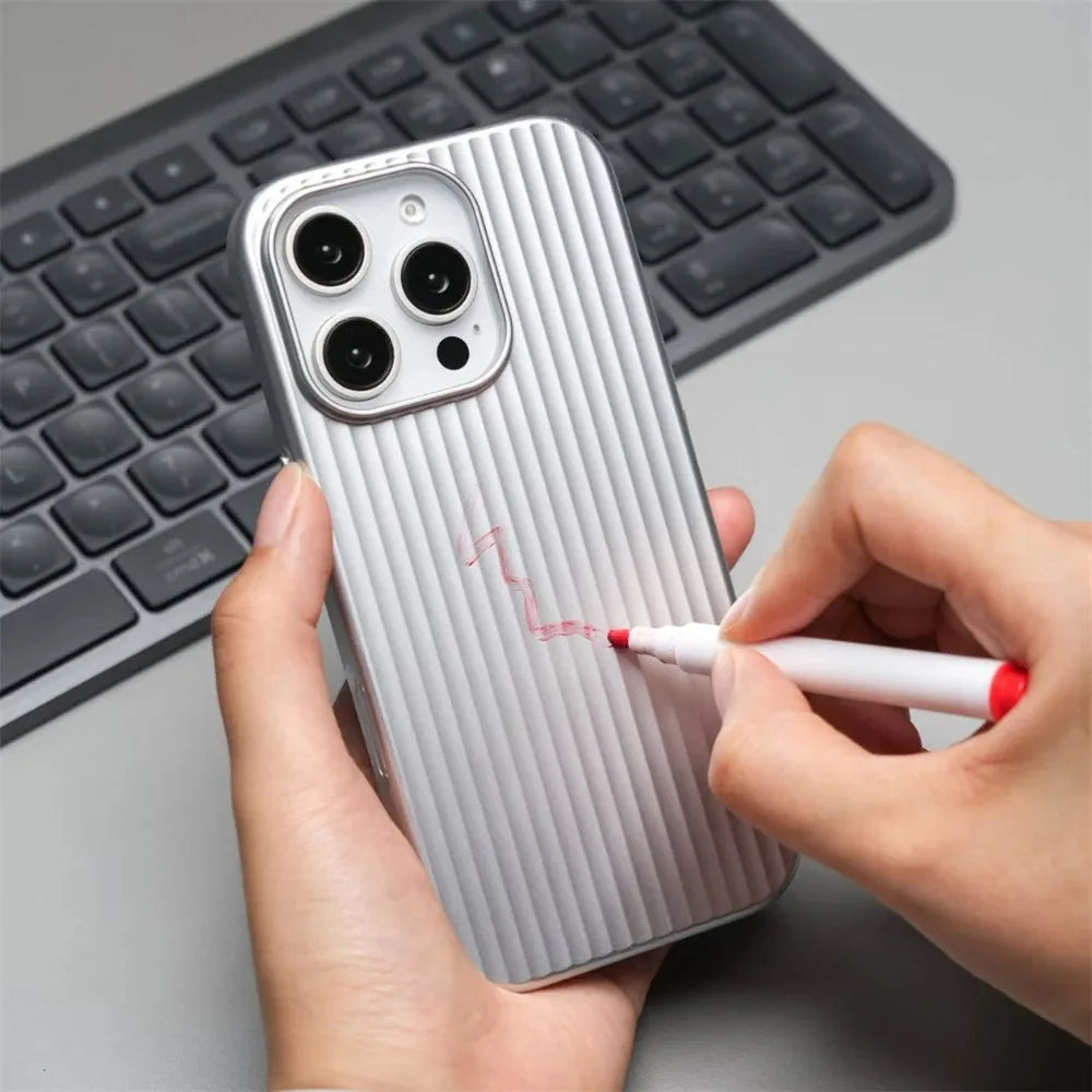 Luxury Stripes Metallic Paint Armor Case For iPhone 17 Air 16 15 14 13 Pro Max Shockproof Camera Protective Slim Matte PC Funda